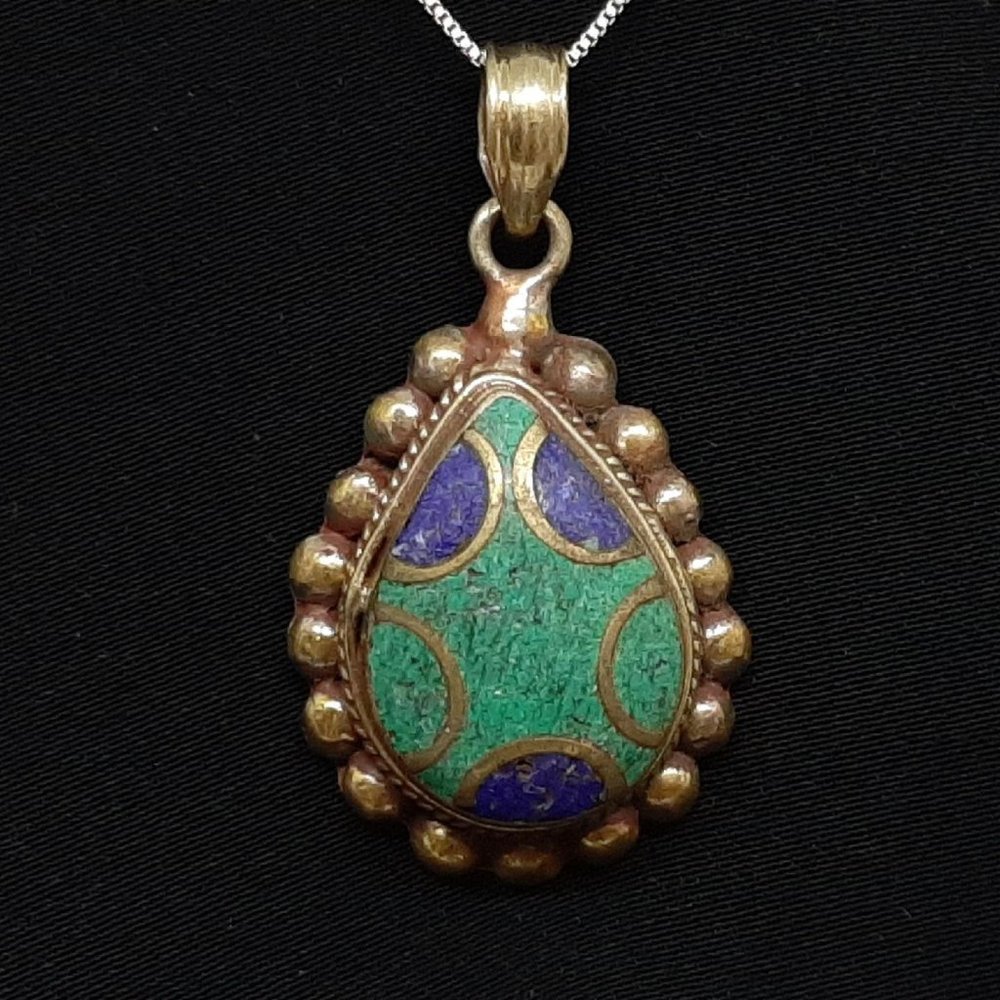 Vintage 8.00ct Real Blue Lapis Lazuli & Green Turquoise Gold Vermeil Pendant